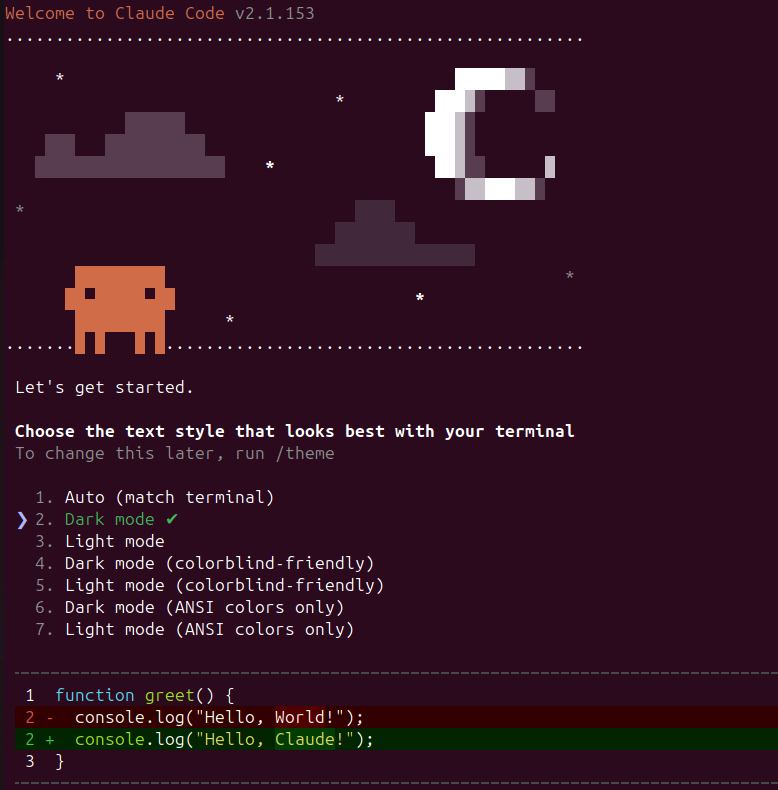 Terminal screenshot showing Claude Code welcome screen and terminal text style selection with Dark mode selected.