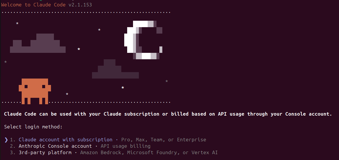 Terminal screenshot showing Claude Code login methods: Claude account with subscription, Anthropic Console account, and third-party platform.