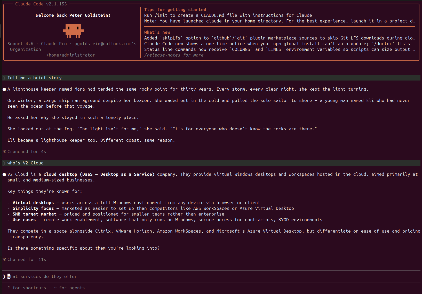 Terminal screenshot showing Claude Code after successful login with a welcome panel, account context, prompts, and generated responses.